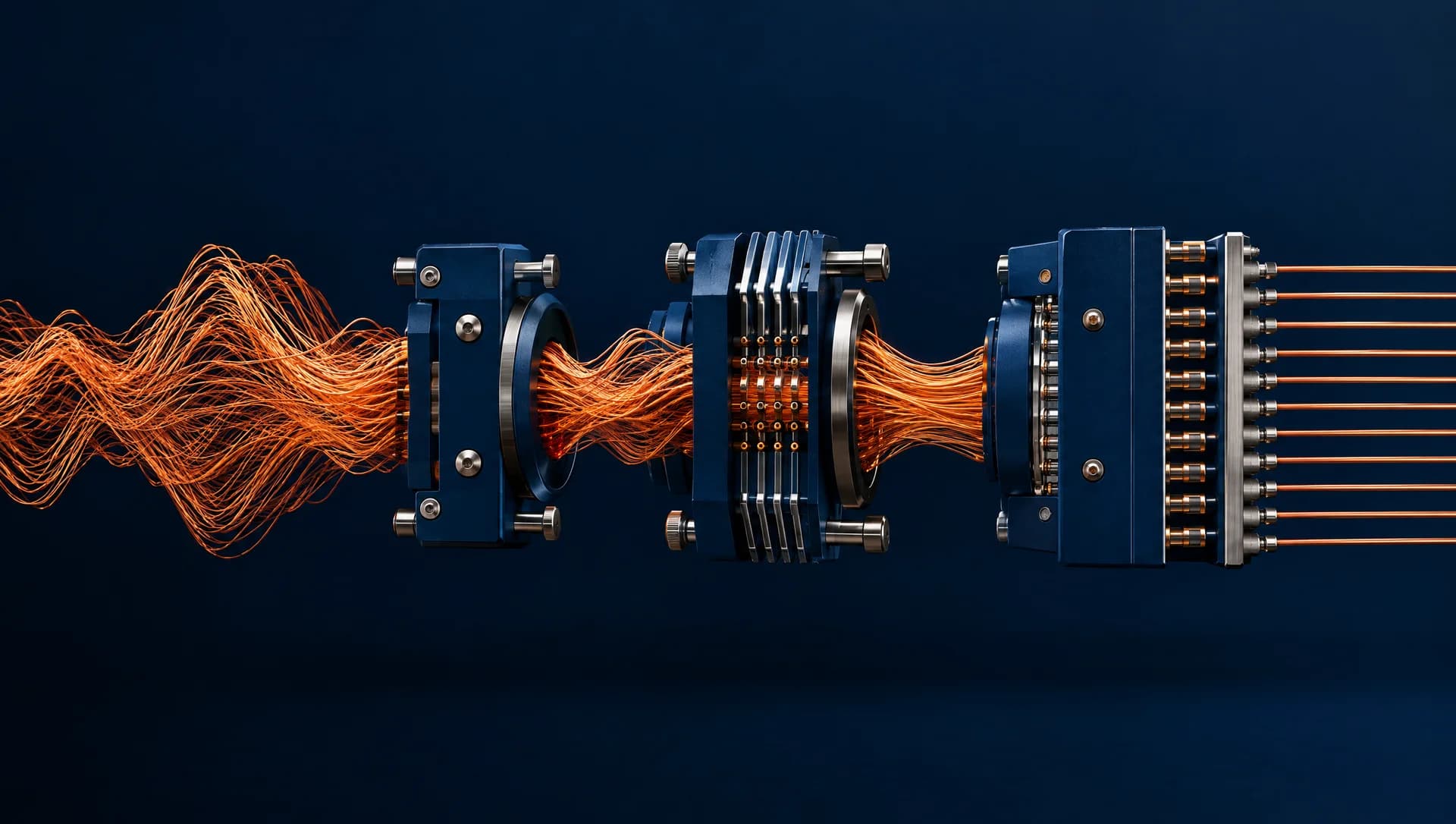 A copper waveform connected through three navy relay assemblies