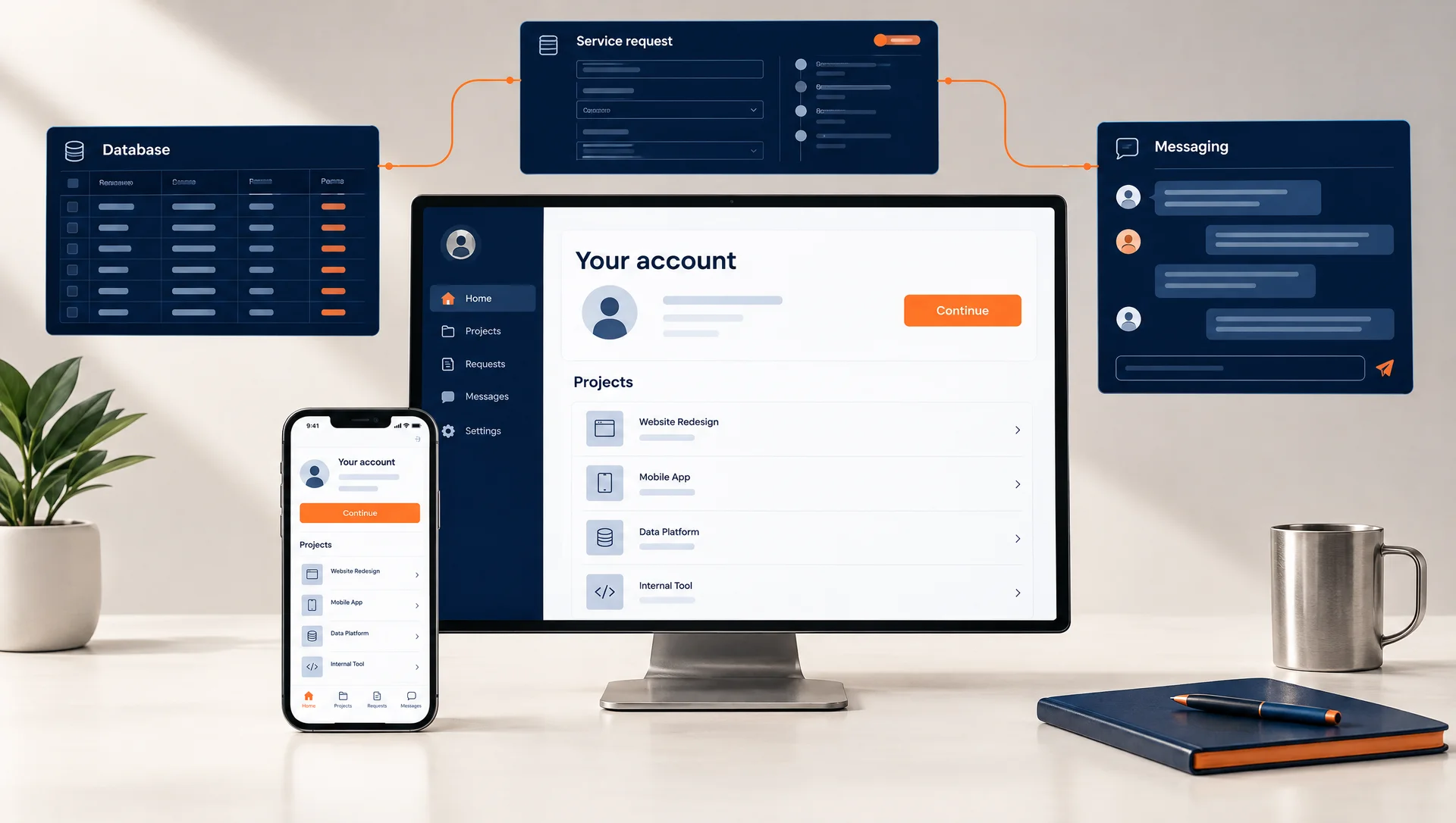 Concept illustration of a customer portal on desktop and mobile connected to data, requests and messaging