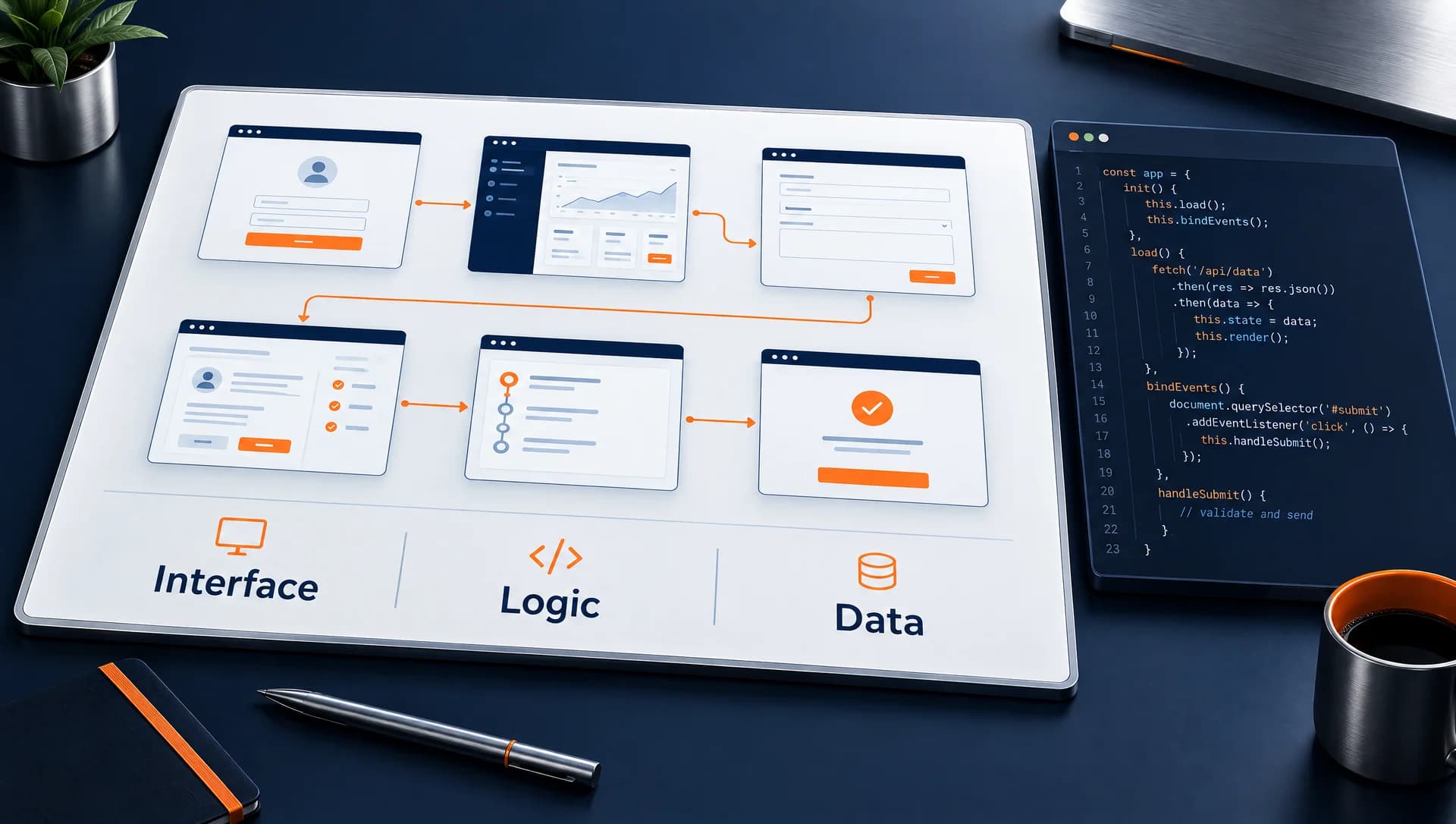 Software screens joined into a user journey beside a code editor, connecting interface, logic and data