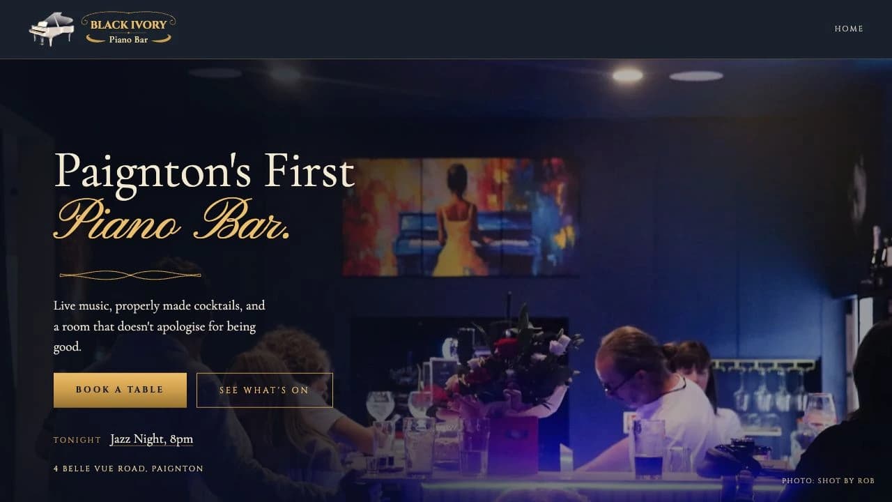 Black Ivory piano bar homepage with venue photography, events and booking links