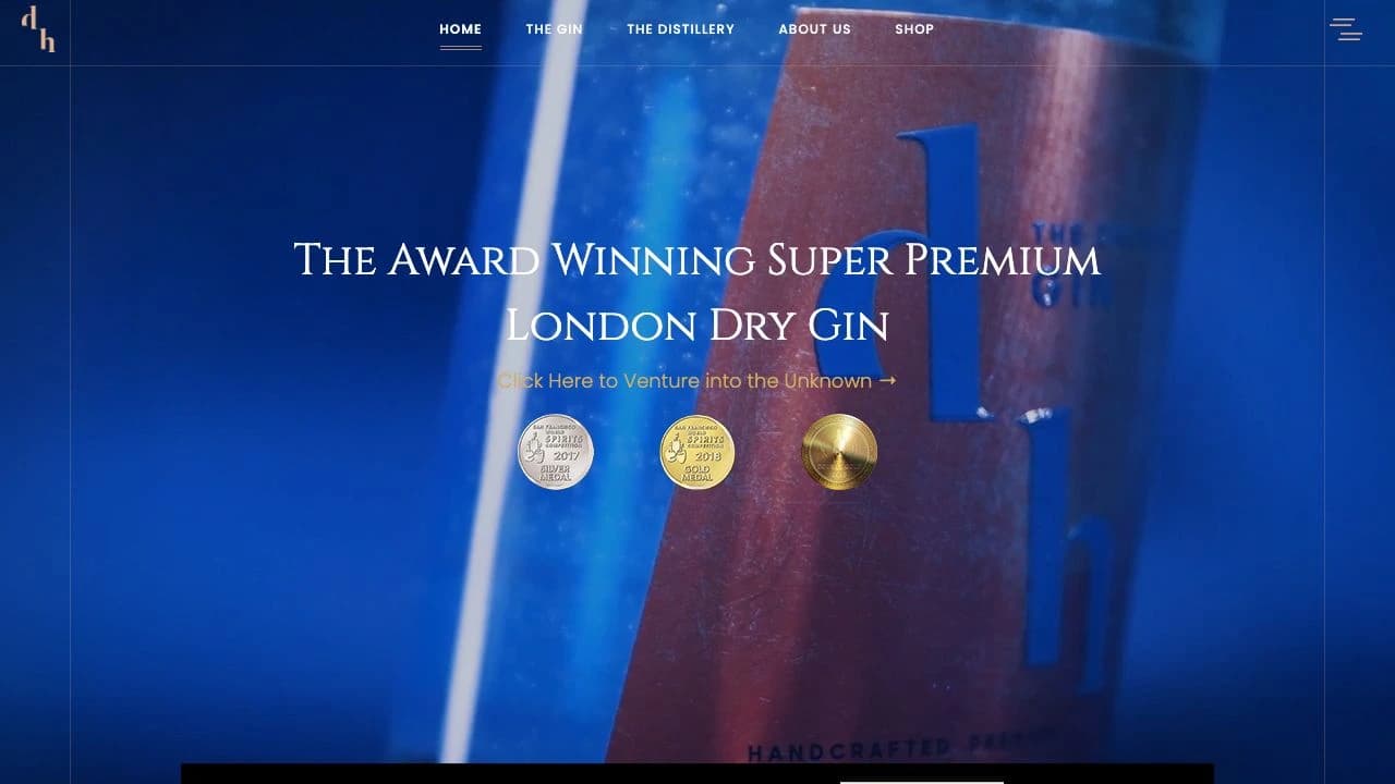 Drunken Horse Gin homepage with bottle photography and product navigation