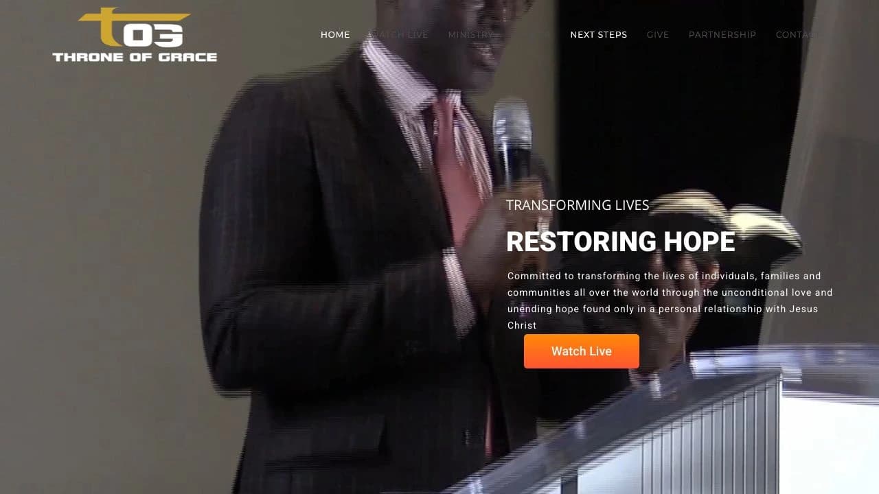Throne of Grace homepage with community introduction and broadcast navigation